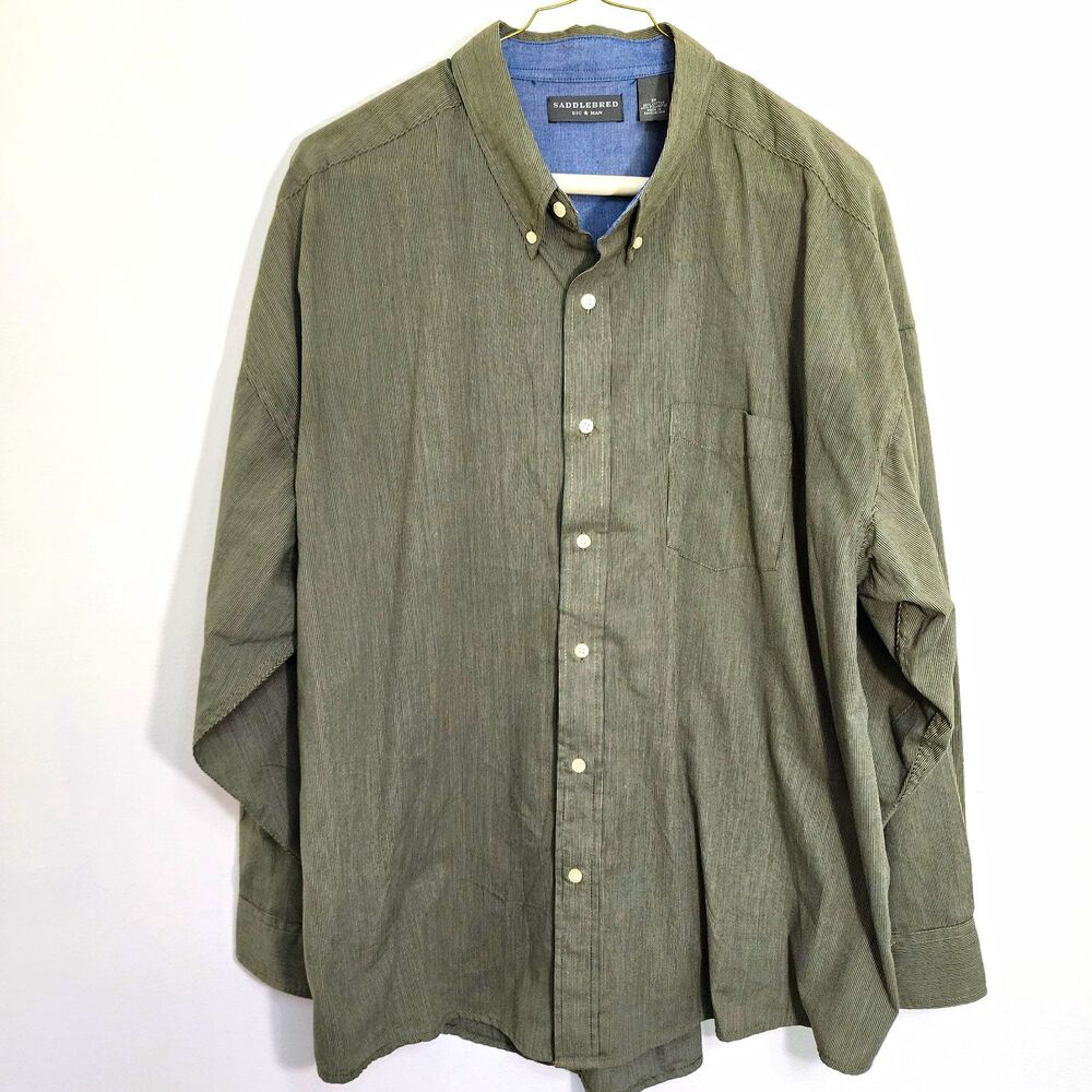 Saddlebred Big & Man Men's 3XL Big & Tall Green Stripe Cotton Button Down Pocket